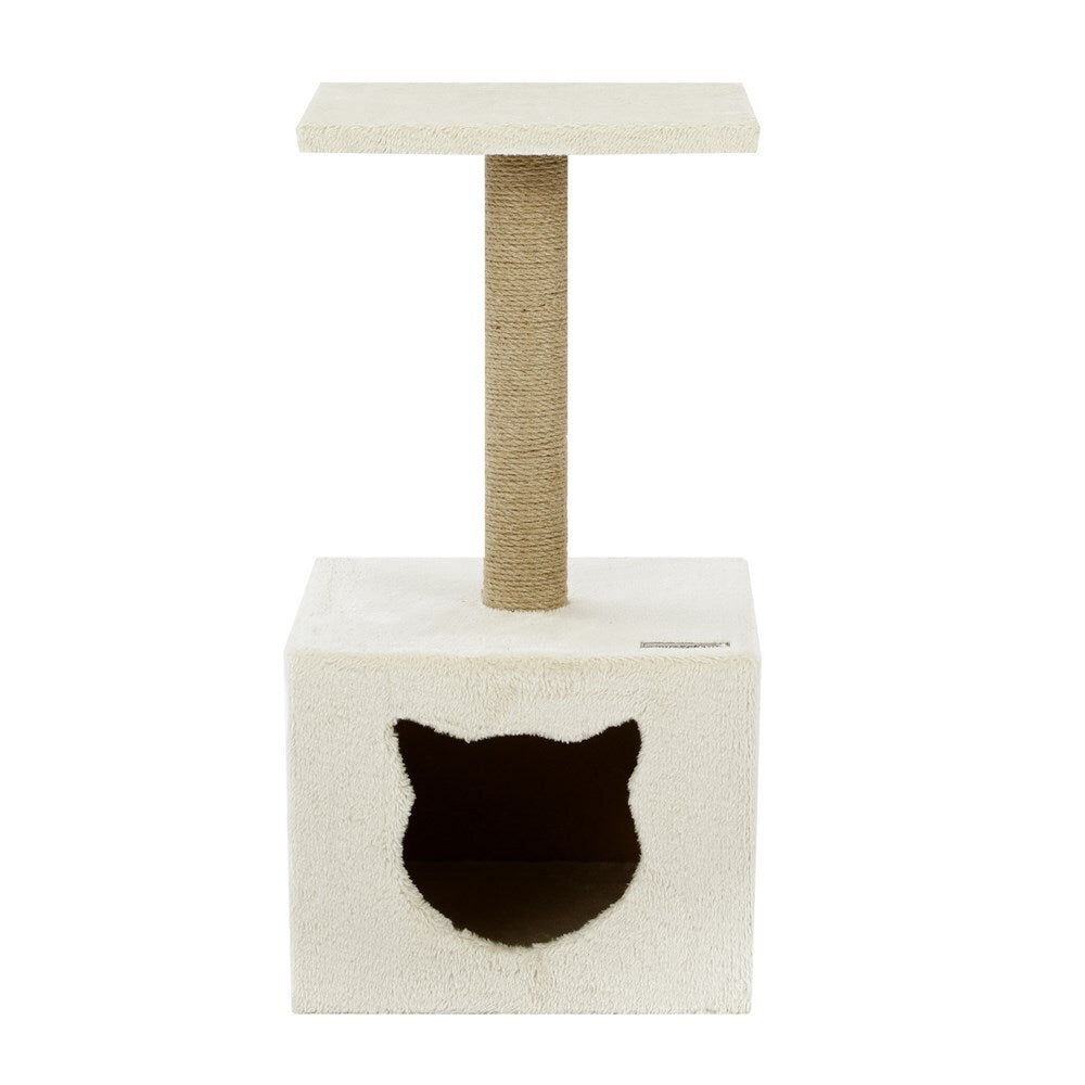 Cat tree with a scratching post and a cat face design on a white background at Pet Servo