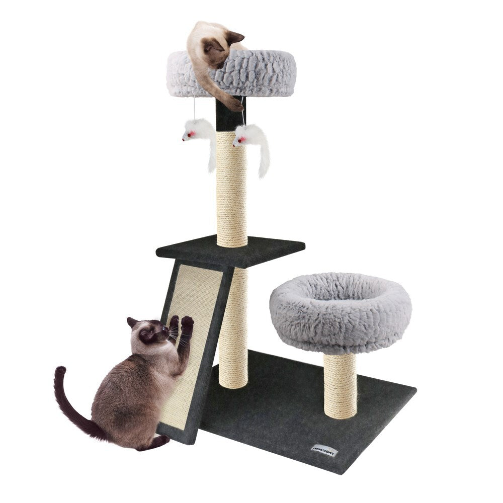 Cat climbing tree with multiple platforms and a scratching post on a white background at Pet Servo