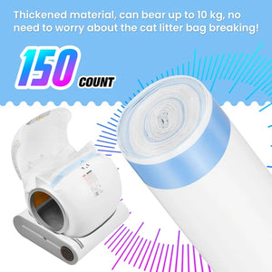 A roll of thickened white cat litter bags with a blue band, shown alongside a white plastic bag dispenser. The image includes promotional text stating 'Thickened material, can bear up to 10 kg, no need to worry about the cat litter bag breaking!' and '150 COUNT' on a blue and white background at Pet Servo