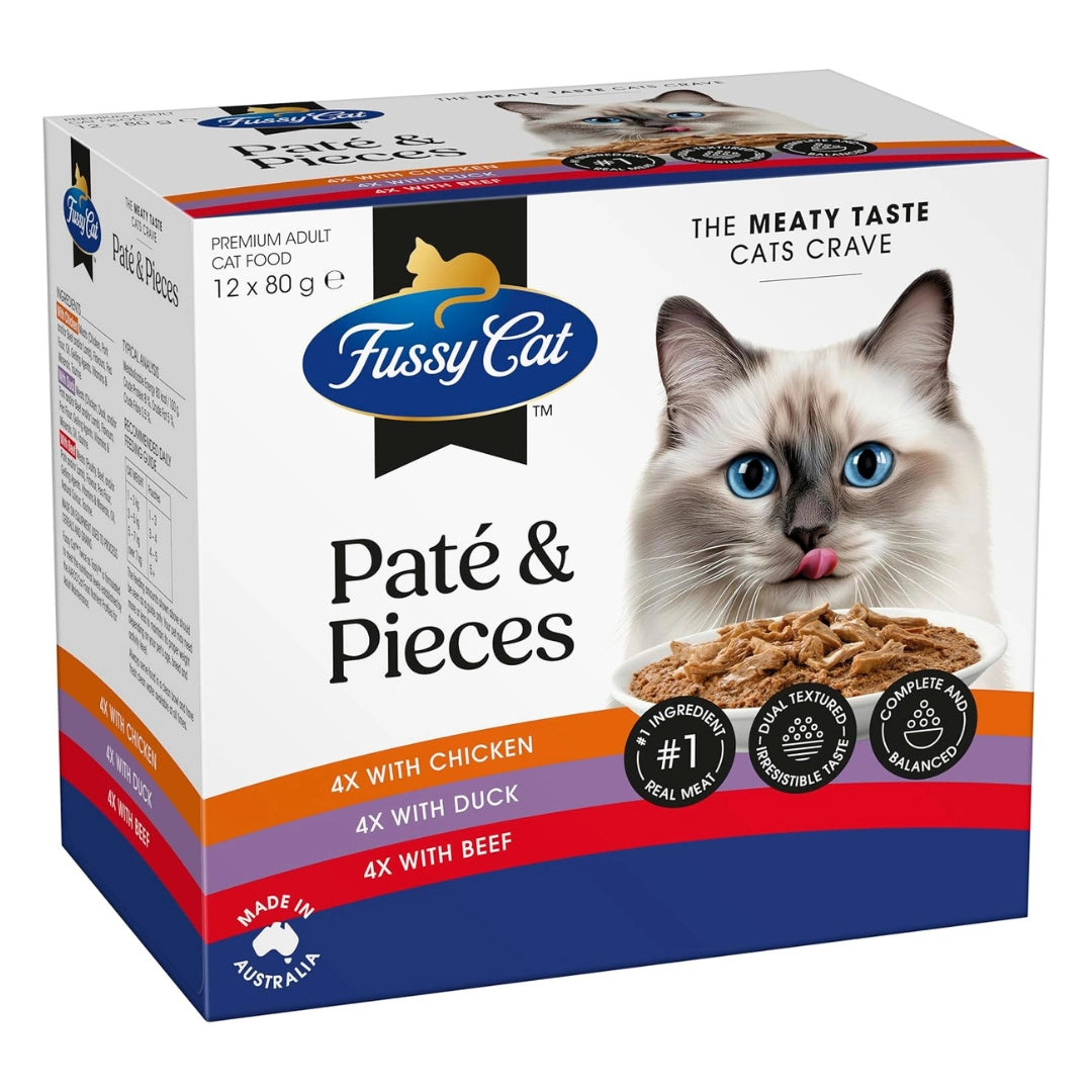 Fussy Cat Pate & Pieces cat food packaging with a cat on the front.