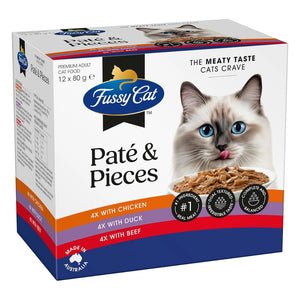 Fussy Cat Pate & Pieces cat food packaging with a cat on the front.