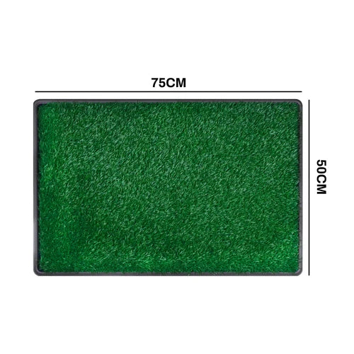 Green rectangular artificial turf or grass mat with black edging, shown on a white background with dimension lines indicating 75 cm by 50 cm at Pet Servo