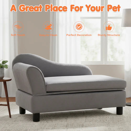 Gray pet bed in a room with text highlighting features at Pet Servo