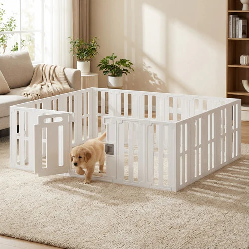 White pet playpen with a puppy inside in a living room setting at Pet Servo