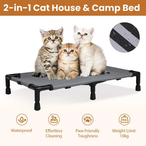 A gray elevated cat bed with black legs shown on a white background, with three kittens sitting on top. The image includes a circular inset showing water resistance and text highlighting features such as waterproofing, effortless cleaning, paw-friendly toughness, and a 10 kg weight limit at Pet Servo