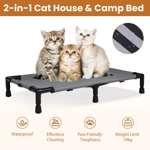 A gray elevated cat bed with black legs shown on a white background, with three kittens sitting on top. The image includes a circular inset showing water resistance and text highlighting features such as waterproofing, effortless cleaning, paw-friendly toughness, and a 10 kg weight limit at Pet Servo