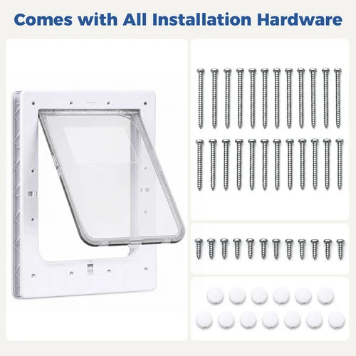 White pet door frame with a clear hinged flap shown on a white background, with text reading 'Comes with All Installation Hardware' and arranged screws, washers, and mounting pieces to the right at Pet Servo