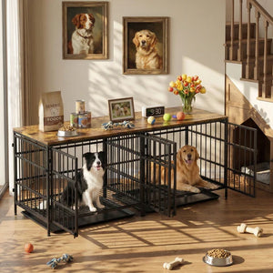 Two dogs in separate cages within a larger cage in a home setting with pet toys and food at Pet Servo