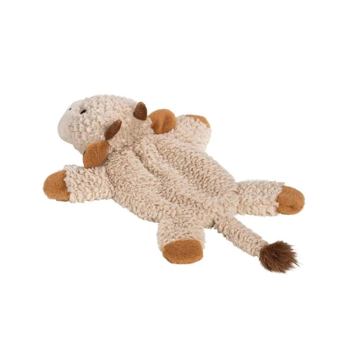 A plush sheep toy with a textured cream-colored fleece body and brown accents on its horns, hooves, and tail tip, shown on a plain white background.