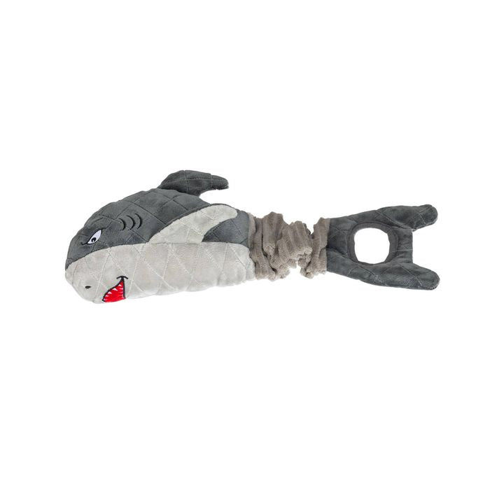A plush shark-shaped dog toy with a gray and white body, black fins, a red mouth, and a gray rope handle on a plain white background.