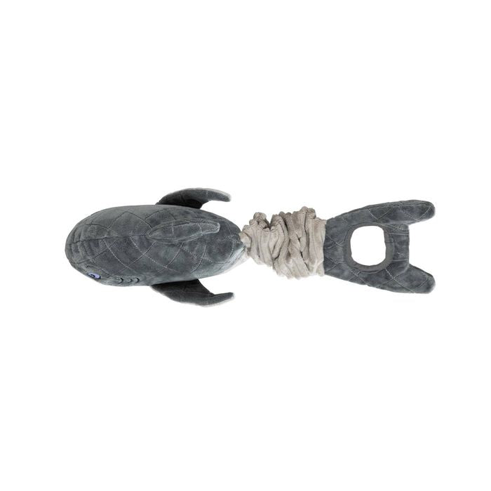 A plush whale toy with a dark gray body, textured gray tail, and a beige rope wrapped around its midsection, shown against a plain white background.