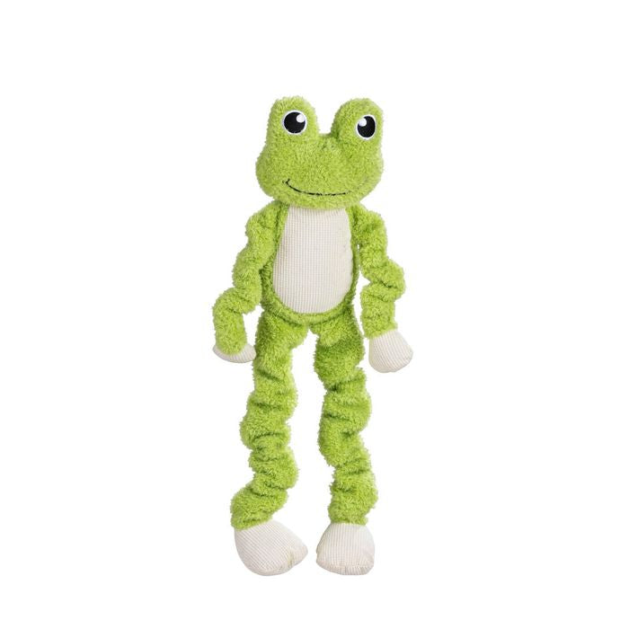 A green plush frog toy with a textured fuzzy body, large black and white eyes, a stitched smile, and ribbed legs ending in white paws, shown against a plain white background.