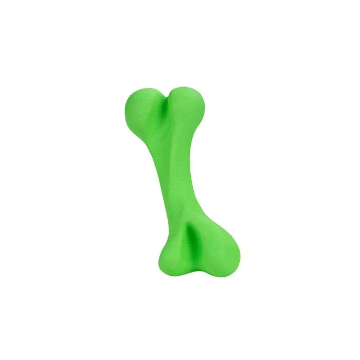 A bright green bone-shaped dog toy made of textured rubber, shown on a plain white background.
