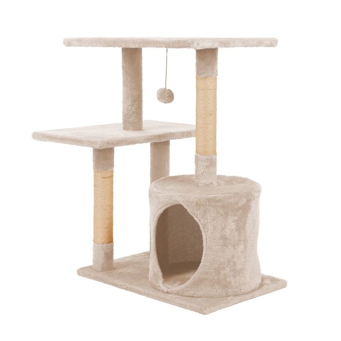 Beige cat tree with multiple levels and a hanging ball on a white background