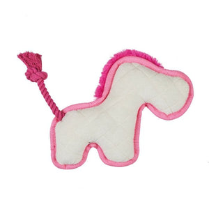 Dog toy shaped like a horse with pink trim and a rope, on a white background
