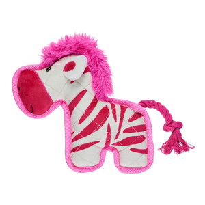 Pink and white zebra-shaped toy with a rope on a white background