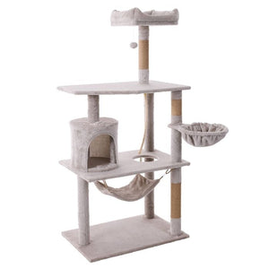 Cat tree with multiple levels, platforms, and a hammock on a white background at Pet Servo