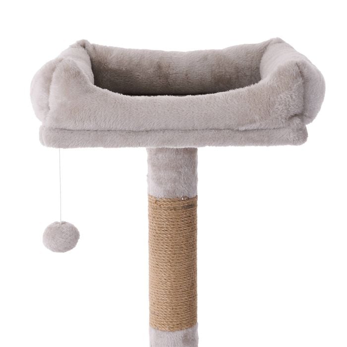 Cat tree with a cushioned platform and scratching post on a white background