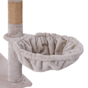 Cat tree with a soft cushioned cat bed and scratching post on a white background