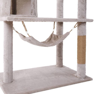 Cat tree with multiple levels, a hammock, and scratching posts on a white background