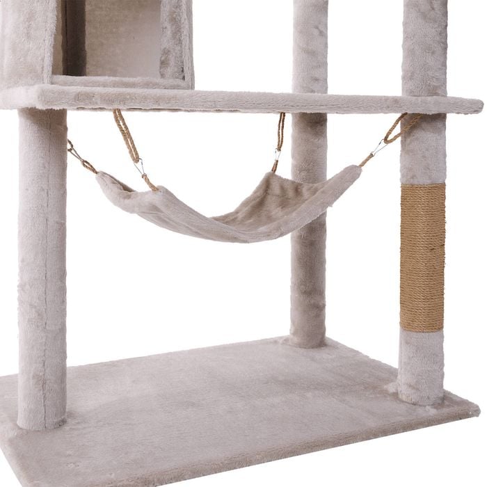 Cat tree with multiple levels, a hammock, and scratching posts on a white background