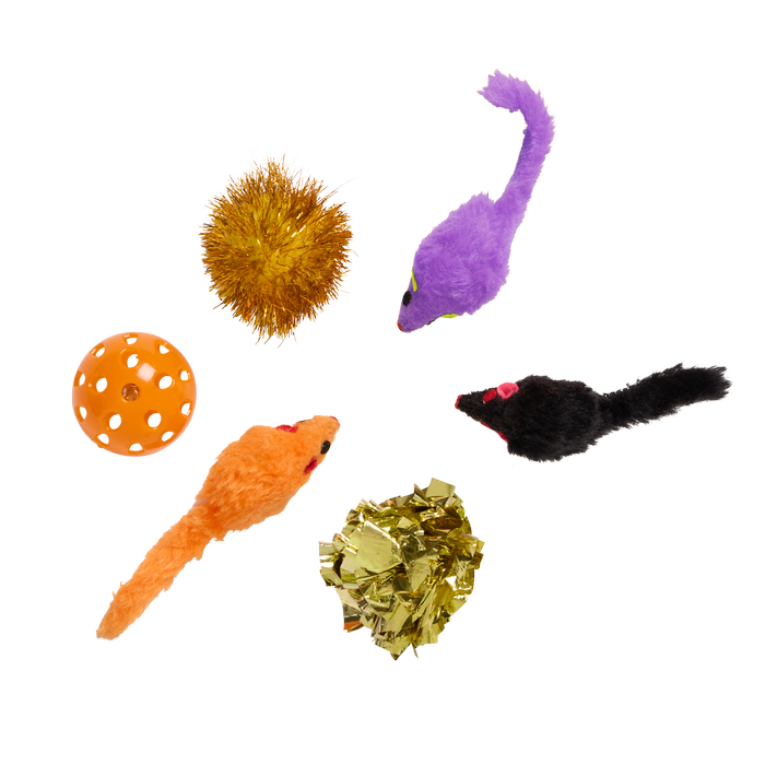 Assorted colorful cat toys on a white background at Pet Servo
