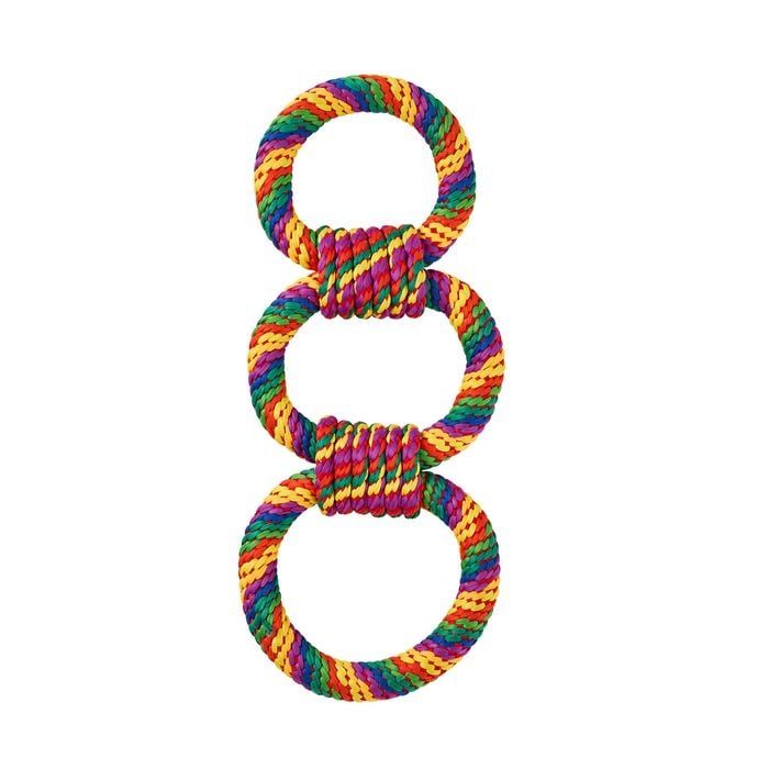 Colorful rope toy with three loops on a white background