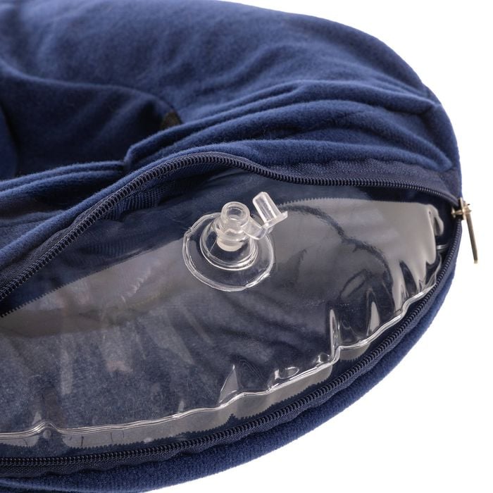 Navy blue bag with a clear plastic window on a white background
