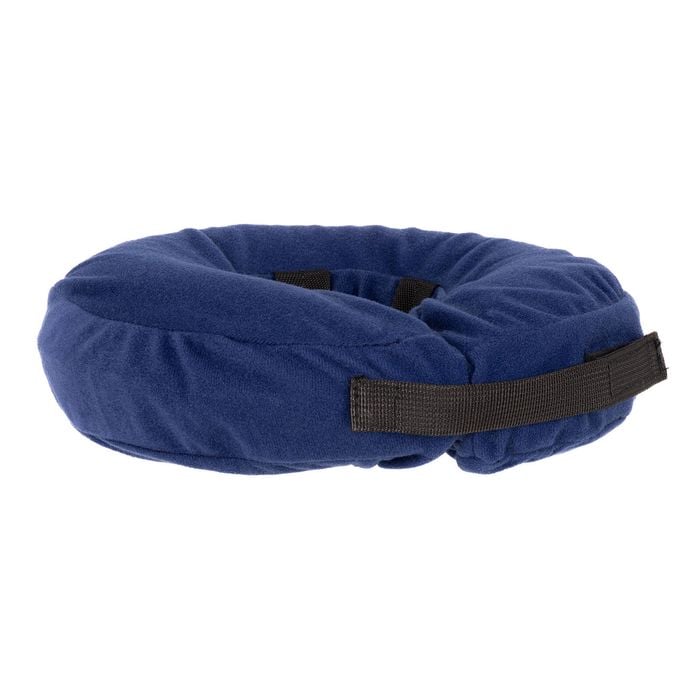 Blue pet bed with a black strap on a white background