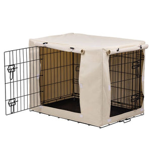 Dog crate with a beige cover on a white background