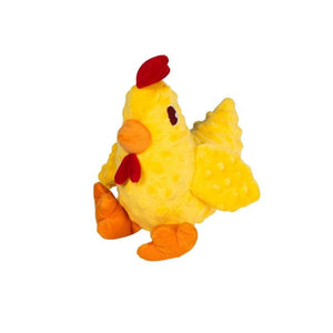 Plush toy chicken with a red comb on a white background