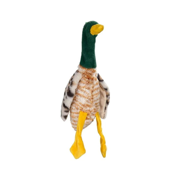 A plush mallard duck toy with a dark green neck, yellow beak and webbed feet, and brown-and-white patterned body and wings, isolated on a white background.