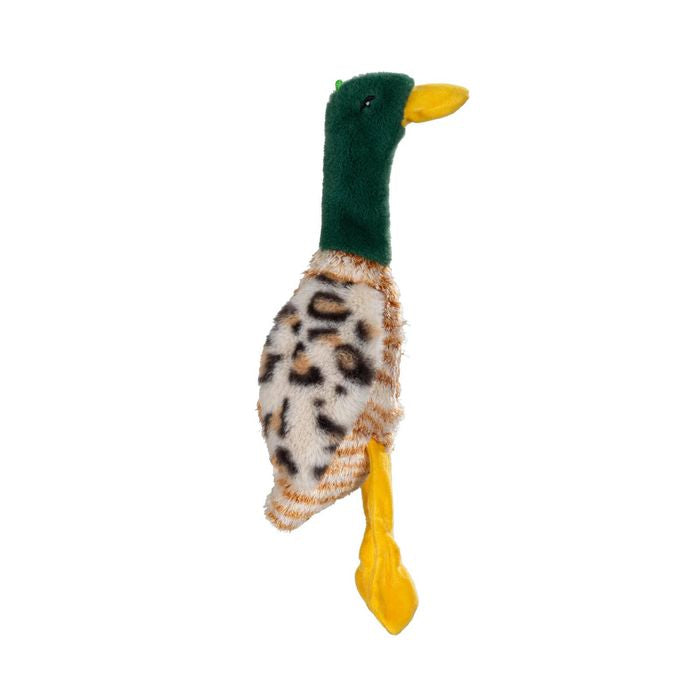 A plush duck toy with a green head, yellow beak and webbed feet, and a brown-and-cream spotted body, isolated on a white background.