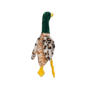 A plush duck toy with a dark green neck, yellow beak and feet, and a cream and brown spotted body, isolated on a white background.