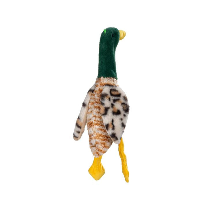A plush duck toy with a dark green neck, yellow beak and feet, and a cream and brown spotted body, isolated on a white background.