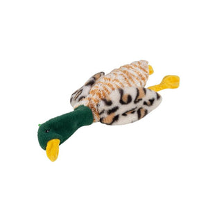 A plush duck-shaped dog toy with a green head, yellow beak and feet, and a cream body with brown and black leopard-like spots, isolated on a white background.