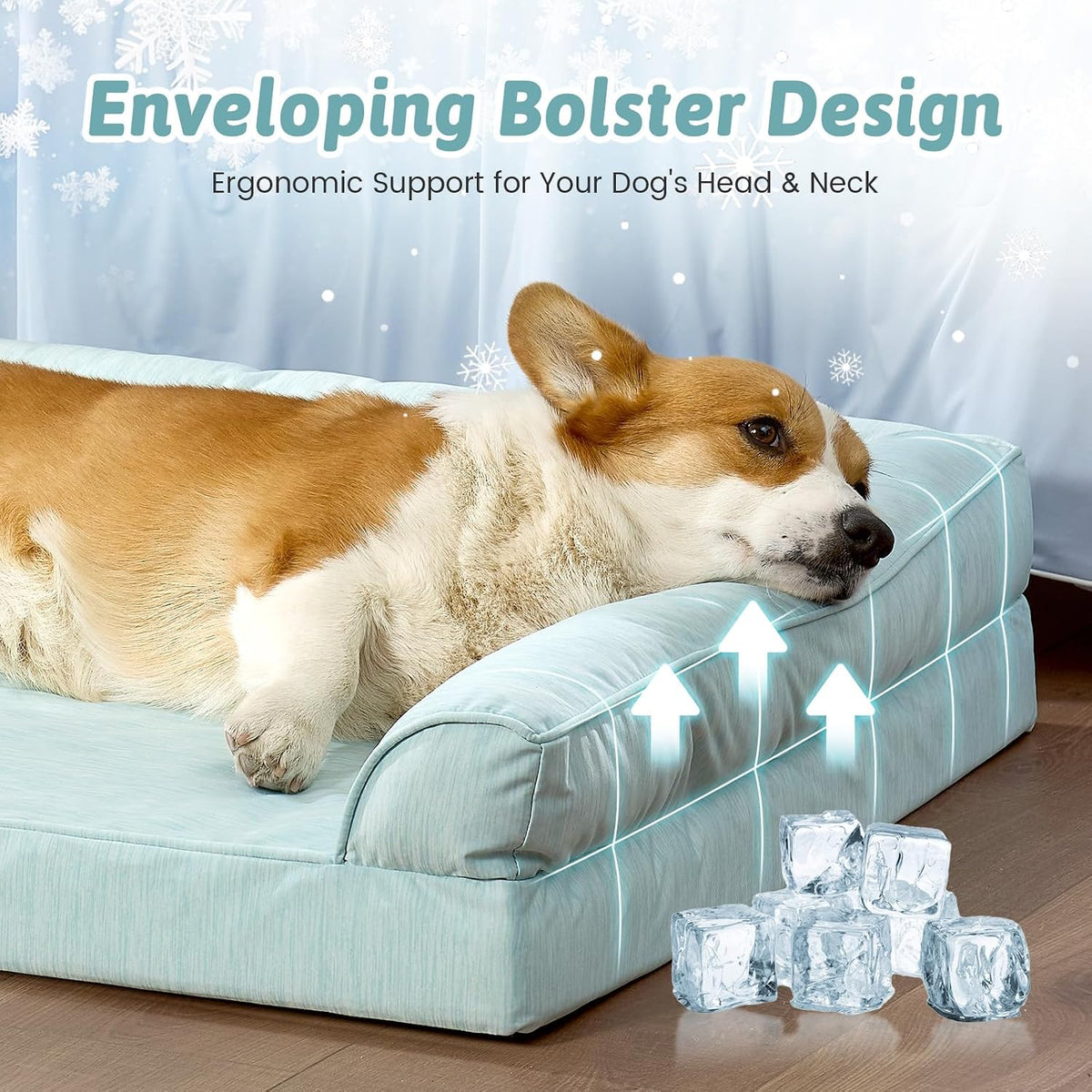 Dog lying on a light blue cushion with text about ergonomic support for dogs' heads and necks at Pet Servo