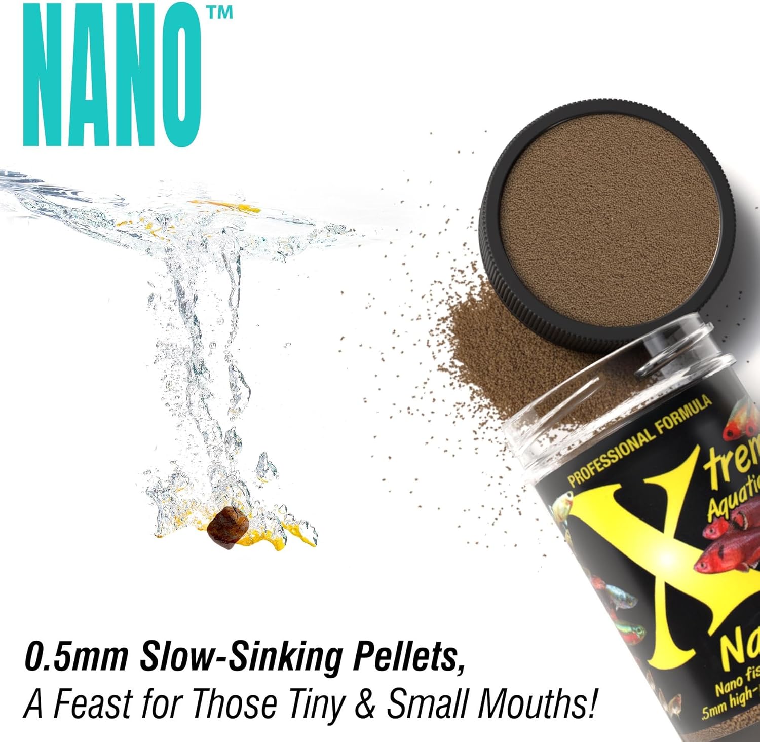 Bowl of brown pellets with 'NANO' branding and water splash on a white background at Pet Servo