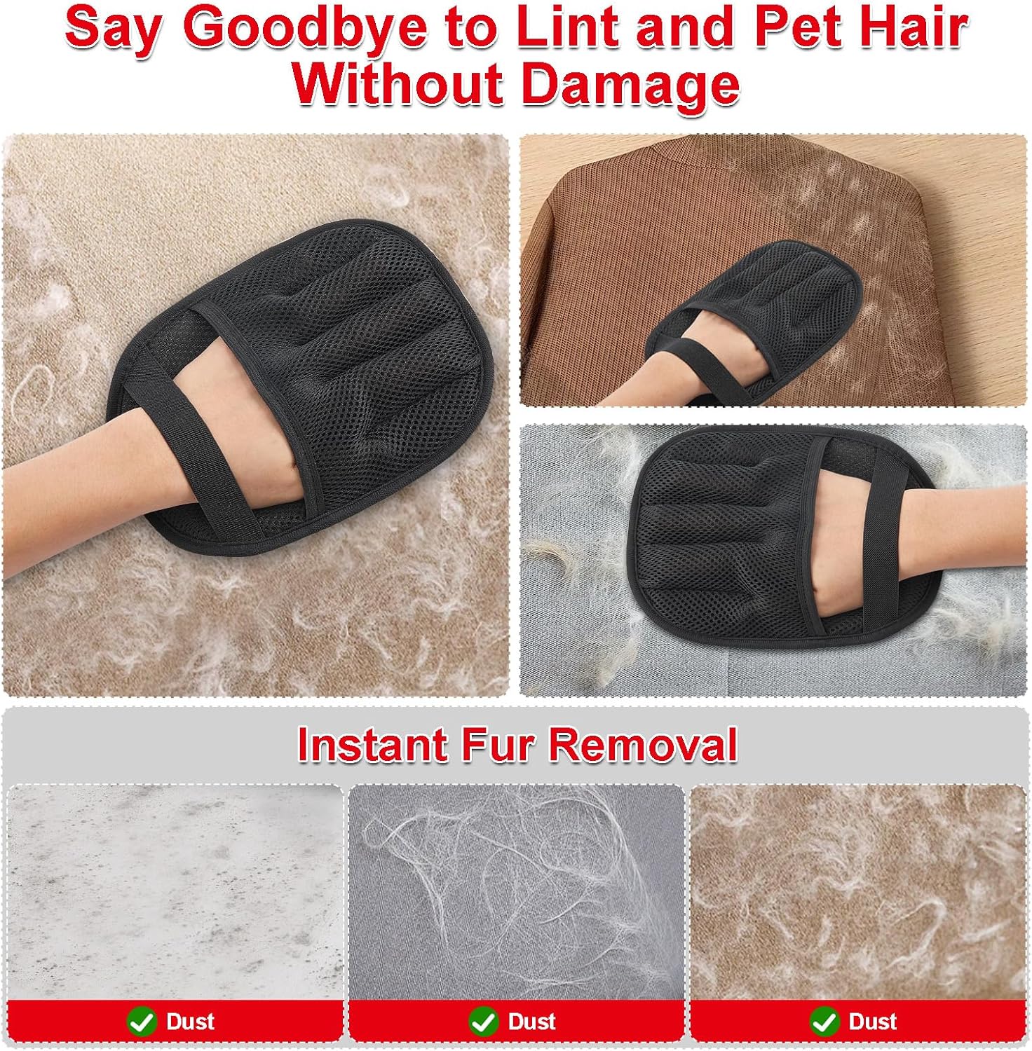 Black grooming glove with text about fur removal on various surfaces at Pet Servo