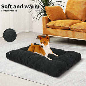 Dog lying on a black pet bed with text 'Soft and warm Corduroy fabric' in a living room setting at Pet Servo