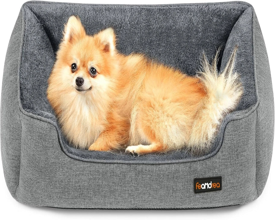 A fluffy golden Pomeranian dog rests inside a gray heathered pet bed with a raised corner design. The brand label 'feandso' is visible on the front right corner of the bed at Pet Servo