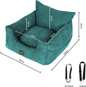 Teal pet bed with measurements on a white background at Pet Servo