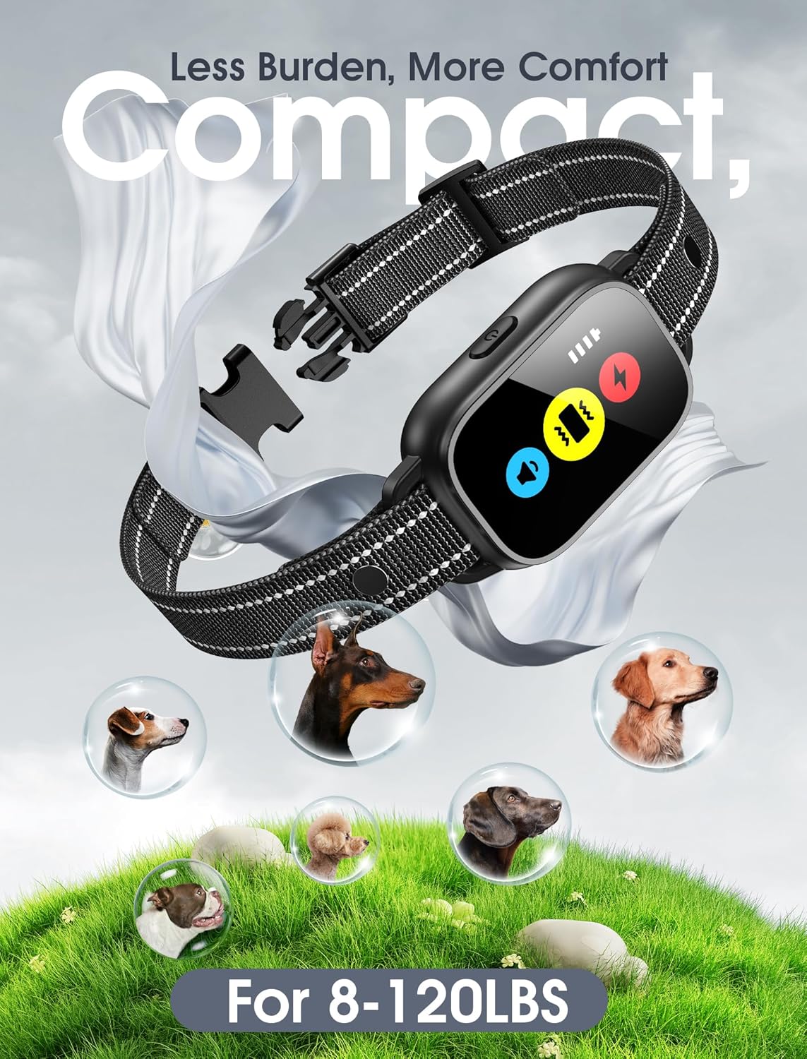 Smart pet collar with digital display on a grassy background at Pet Servo