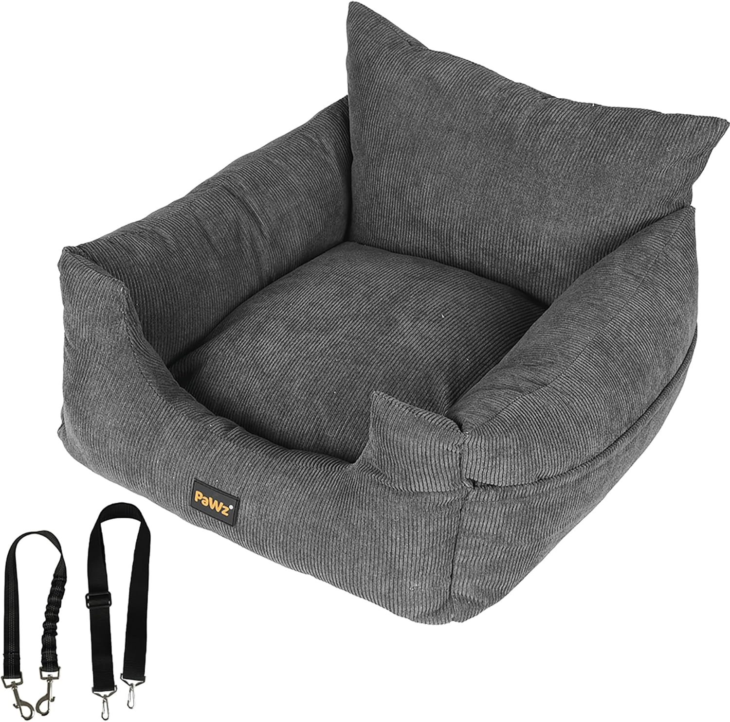 Gray pet bed with two pillows and a leash on a white background at Pet Servo