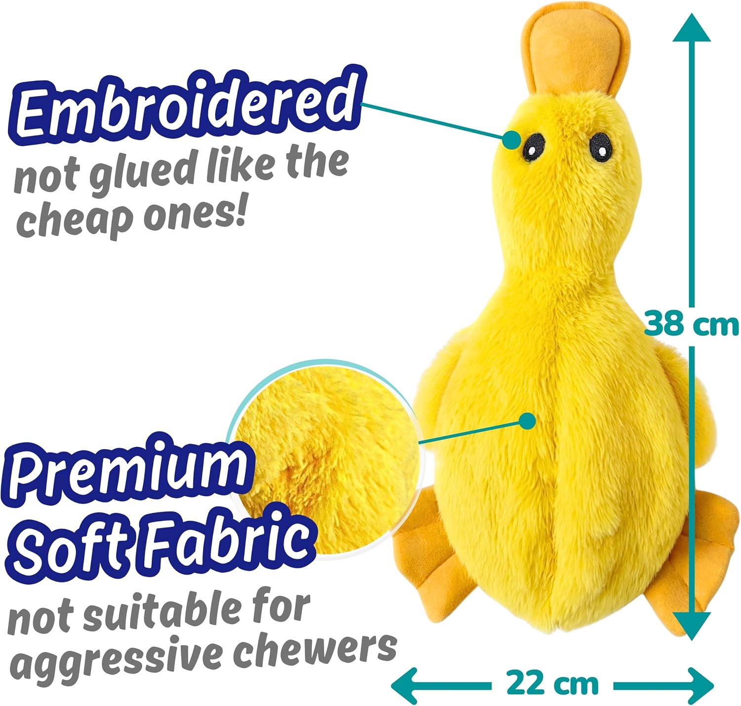 Yellow plush duck toy with dimension arrows showing 38 cm height and 22 cm width, plus text calling out embroidered construction and premium soft fabric on a white background at Pet Servo