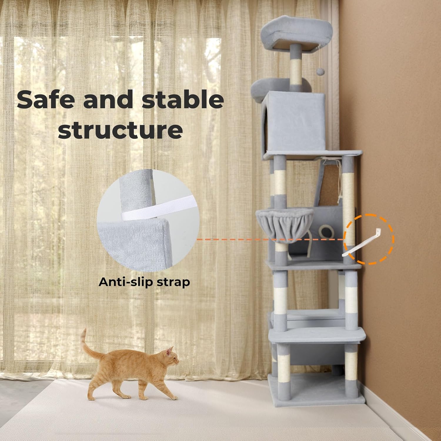A gray and beige cat tree with multiple levels, a perch, and a small enclosed bed, shown in a room corner with a cat walking nearby. Text on the image highlights a safe and stable structure and an anti-slip strap detail at Pet Servo