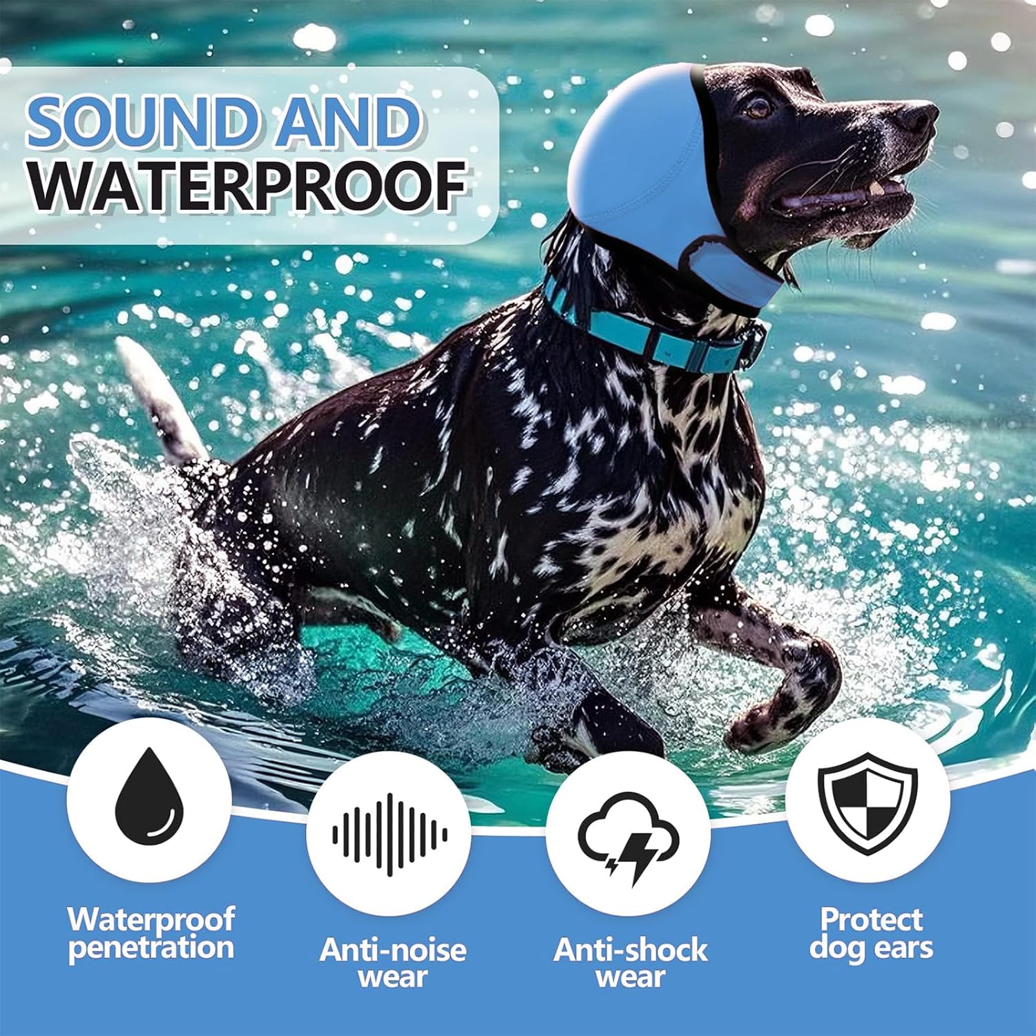 Dog running in water wearing a blue collar with text about sound and waterproof features at Pet Servo