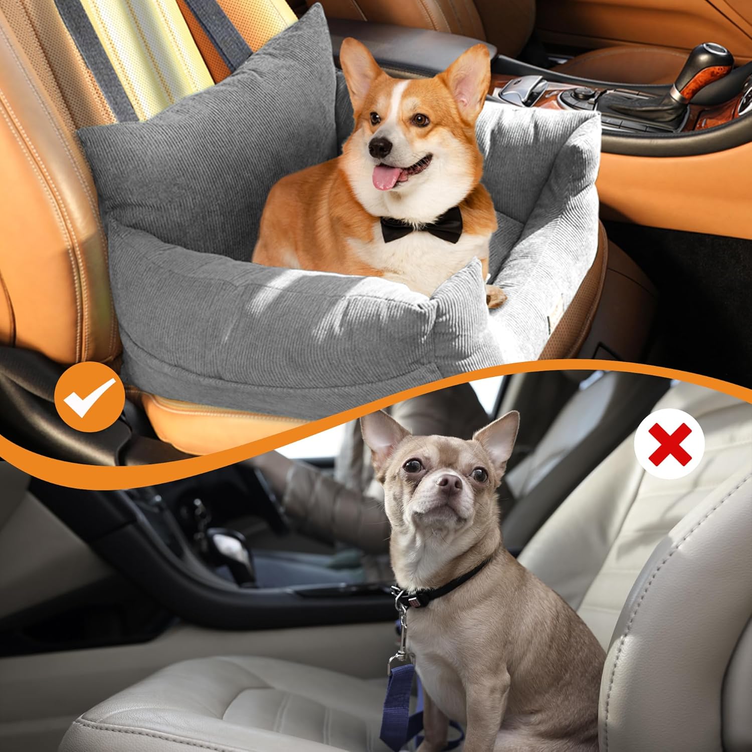 Dog sitting in a car seat cover with a check mark, and another dog without a seat cover with a cross mark at Pet Servo