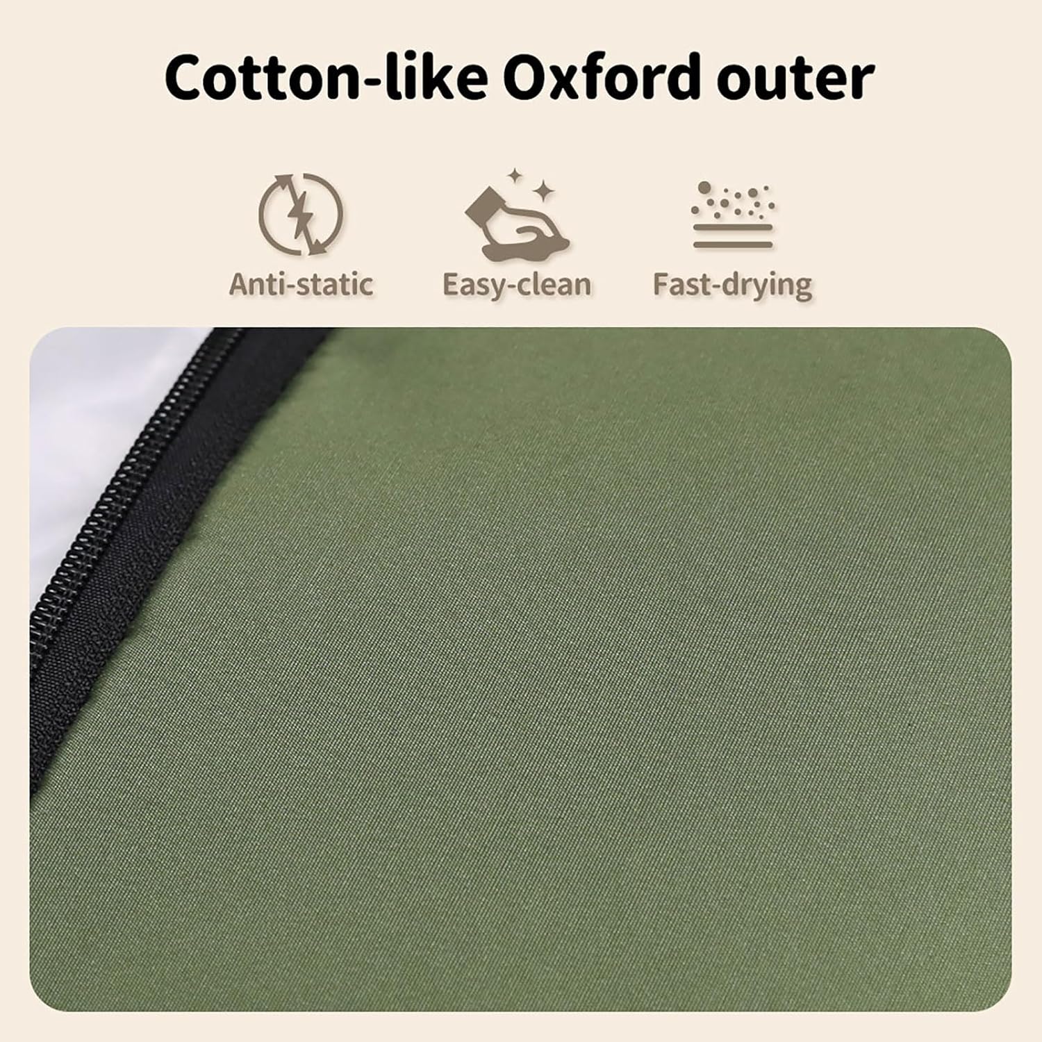 Green fabric with anti-static, easy-clean, and fast-drying icons on a beige background at Pet Servo