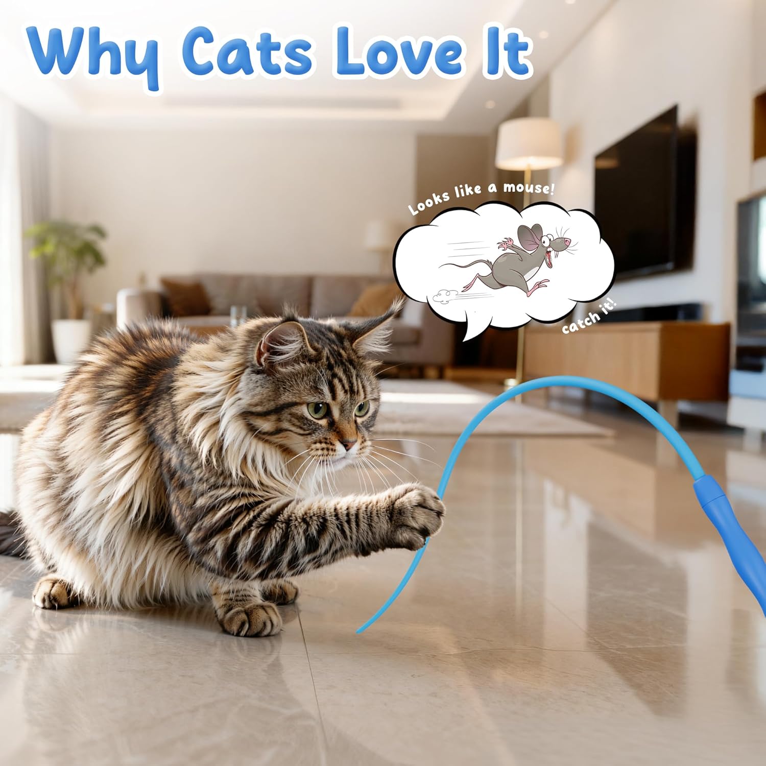 Cat playing with a blue toy mouse on a tiled floor in a living room at Pet Servo
